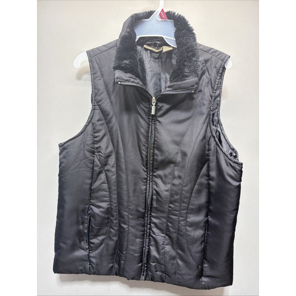 Jane Ashley Vest Jacket Women XL Black Vest Quilted Coat Faux Fur Collared